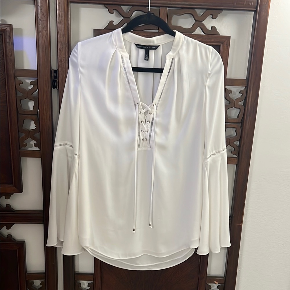 White House Black Market White Lace-Up Peasant Blouse